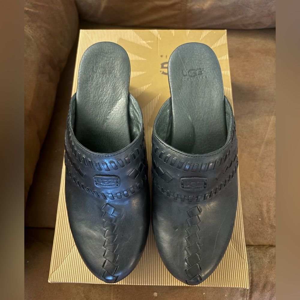 UGG Black Leather Slip-On Clogs